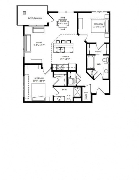Floor plan for 2 beds, 2 baths, 1040 sqft